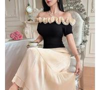 Herbst Sommer elegantes dekoratives Kragen Off-Shoulder Top und ausgestellter Rüschen Saum Rock Damen 2-teiliges Set