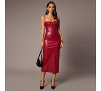 Herbst und Winter Damen Einfarbig Einfach Lässig Mode Spaghettiträgerkleid Rotes Lederkleid Stretch Leder Midikleid Korsett Midikleid Weinfarbenes Kle
