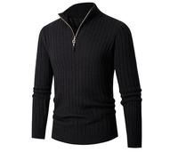 Herbst und Winter Herren-Pullover mit vertikalen Streifen, halbem Stehkragen, Reißverschluss, Langen Ärmeln, gestricktem Hemd, europäischer und amerikanischer Herrenmode-Pullover (Color : Black, Siz