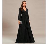 Herbst-Winter Abendkleider mit tiefem V-Ausschnitt, Laternärmeln, sexy schwarzes Abendkleid, elegantes langärmliges Abendkleid für Abschlussball, Hoch
