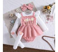 Herbst/Winter Baby Mädchen Niedliches Set aus blauem Strick-Bodysuit mit Flügelärmel, floralem Patchwork-Muster, passenden Söckchen und blauem Haarban