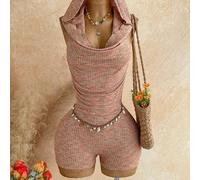 Herbst/Winter Damen Mehrfarbiger strukturierter Strick eleganter rückenfreier Jumpsuit mit Kapuze und Wasserfallausschnitt, sexy für Halloween, Weihna