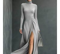 Herbst Winter einfarbiges Schlitz-Rollkragen-Trichterhals-Langarm-A-Linien-Maxikleid, tägliche Hauskleidung meliertes hellgrau Damenbekleidung elegant