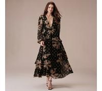 Herbst/Winter Kaffee & Schwarz Kontrastfarbe Große Blumen Handgemalte Pinselstriche Polka Dot Gemischter Zufälliger Muster Chiffon Tiefer V-Ausschnitt