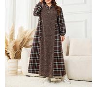 Herbst/Winter Lässig Karomuster Patchwork V-Ausschnitt Kapuzen Knopfleiste Elegantes strukturiertes Strickkleid in Große Größen für Frauen