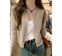 Herbst/Winter Lässig Koreanischer Süßer Stil Khaki Rundhals Strick-Cardigan, Kurz Figurbetont Schlankmachend Sanft Elegant Vielseitig All-Match Langar
