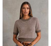 Herbst/Winter Neue Damen gerippte Strick Kurzarm Rundhals Top, Kurzer gestreifter Strickpullover Sommer