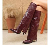 Herbst/Winter sexy Mode spitze Zehe Metall Schnallen Dekor schlanker hoher Absatz Lässig vielseitige Seitlicher Reißverschluss Burgund Frauen Overknee