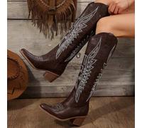 Herbst/Winter Stickerei Stiefel 2024 Neuer Europäischer und Amerikanischer Stil Retro Kniehohe Cowgirl Stiefel für Frauen mit dicken Absätzen und Größ