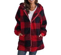 Herbstjacke Damen Leicht Elegant, College Jacke Damen, Jacke Mit Kapuze Gefüttert Mit Knöpfen Übergroßer Flauschiger Mantel Karierte Flanell Hoodie