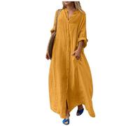 Herbstkleid Damen Lang Große Größen Elegant Frühlingskleid Damen Langarm mit Knopfleiste Maxi Kleider Baumwolle Leinen Hemdkleid Frauen mit Taschen üBergröße Maxikleid Kleid Frühlings Locker