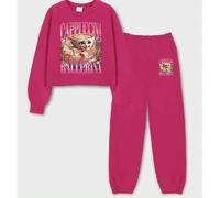 Herbstliches Mädchen-Sweatshirt-2-teiliges Set, abstraktes AI-Meme, Cappuccino-Tänzer-Meme-Muster und Buchstabendruck, kein Saum, rohe lange Ärmel und