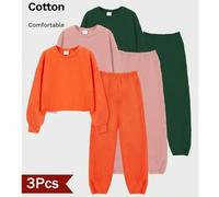 Herbstliches Mädchen-Sweatshirt-Set, 2 x 3-teilig, 6-teilig, einfarbig, ohne Saum, lange Ärmel, kurzes Sweatshirt und Jogginghose mit elastischem Bund