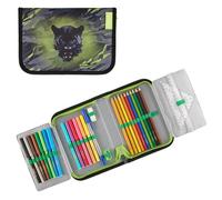 Herlitz Schüleretui Wild Panther – 31-teilig, Polyester, 2 Klappen, Schwarz/Limette, 205×140×38 mm