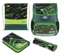 Herlitz Schulranzen Set 4-teilig Loop Game Changer Grün 17 L Ergonomischer Tornister mit geringem Gewicht 1. Klasse Junge Mädchen Kinder, Fußball