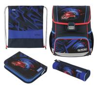 herlitz Schulranzen Set 4-teilig Loop High Speed Blau 17 L Ergonomischer Tornister mit geringem Gewicht 1. Klasse Junge Mädchen Kinder, Rennauto