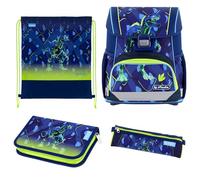 herlitz Schulranzen Set 4-teilig Loop T.Rex Explorer Blau Grün 17 L Ergonomischer Tornister mit geringem Gewicht 1. Klasse Junge Mädchen Kinder