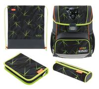herlitz Schulranzen Set 4-teilig Loop Wild Life Schwarz 17 L Ergonomischer Tornister mit geringem Gewicht 1. Klasse Junge Mädchen Kinder, Panther