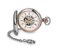 Hermann Jäckle Lindau II Taschenuhr Herren Skelett 50mm - Mechanische Handaufzug Uhr Bicolor Silber/rosé mit Double Hunter Gehäuse, Kette & Etui, beidseitig offen, Vintage Pocket Watch