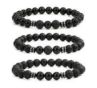 Hernin 3 Stück Tigerauge Herrenarmband Perlenarmband Perlen Armband Herren Tigerauge Stein Lavastein Armband 8MM Naturstein Perlen Armbänder für Männer (Schwarz)