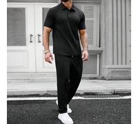 Herren 2-teiliges Set aus strukturiertem Jacquard, strukturiertes Jacquard Kurzarm Poloshirt + strukturierte Jacquard Langhose, für den lässigen tägli