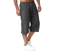 Herren 3/4 Sporthose Leicht Kurze Hosen Sommer Bermuda Shorts Baumwolle Leinen Laufhose mit Taschen Strandhose Einfarbig Mode Stoffhose Elastische Taille Sommerhose Männer Streetwear