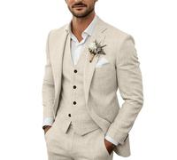Herren 3-teiliger Leinenanzug Slim Fit Hochzeit Strand Set Beige L