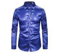 Herren 70er Jahre Disco Shirts - Glänzendes Paillettenhemd Metallic Sparkle Langarmhemd Glitzer Hemd Satin Button Down Hemden Slim Fit Kleid Shirts für Club Rock Hip Hop Disco Party Cosplay, blau, L