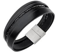 Herren Armband 5-reihig Leder schwarz geflochten Edelstahl 21 cm Herrenarmband