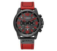 Herren-Armbanduhr, Lederarmband, klassisch, lässig, Militär-Stil, wasserdicht, Chronograph, Datum, Analog, Quarzuhr schwarz / rot