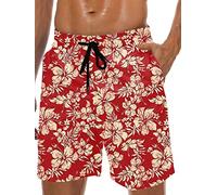 Herren-Badehose, Hawaii-Badehose, Netzfutter, Badeanzüge, Strandshorts mit Taschen, Rot-gelbe Blume, L