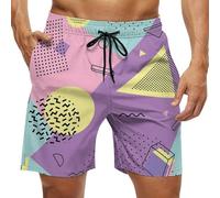 Herren-Badehose im Stil der 80er-90er-Jahre, Vintage-/Retro-Stil, Neon-Stil, Strand-Shorts, schnell trocknend, Bademode, Sport mit Taschen, Mehrfarbige Shorts, L/XL