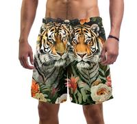 Herren-Badehose mit Dschungel-Tiger-Blumen-Motiv, Badeshorts, Board-Shorts, schnelltrocknend, Surf-Strand-Shorts mit Netzfutter, mehrfarbig, XXL