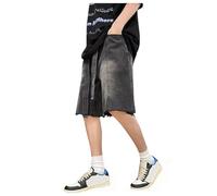 Herren Baggy Fit Jeans mit Kordelzug 3/4 Jeanshose Streetwear Loose Denim Pants Hose mit weitem Bein Männer Straight Leg Oversized Cargo Shorts Vintage Denim Cargo Capri Hose