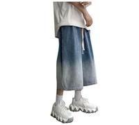 Herren Baggy Fit Jeans mit Kordelzug 3/4 Jeanshose Streetwear Loose Denim Pants Hose mit weitem Bein Männer Straight Leg Oversized Cargo Shorts Vintage Denim Cargo Capri Hose