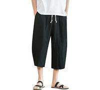 Herren Baggy Haremshose Japanisch Einfarbige Freizeithose aus Baumwolle und Leinen Männer Loose Casual Heimhose Lang Leichte Atmungsaktiv Pluderhose Oversize Weites Bein Jogginghose