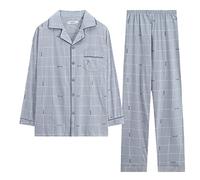 Herren Baumwoll Schlafanzug Langarm Flanell Nachthemden Bequeme Hausbekleidung Pyjama Set (N, XXXXL)