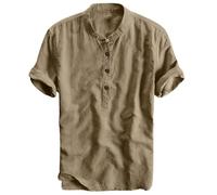 Herren Baumwolle Leinenhemd Herren Sommer Strand Hemd Freizeithemd Men's Casual Henley Shirts 2024 Khaki M