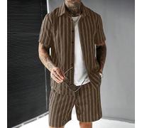 Herren bequemes gestreiftes Jacquard-Crepe-Stoff Kurzarmhemd und Shorts mit Kordelzug und elastischem Bund, lässig für Urlaub, Freunde-Date, Cocktailp