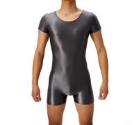 Herren Body Gymnastikanzug mit kurzen Ärmeln und Öl glänzend mit super elastischen Strumpfhosen für mehrere Anwendungen (L Gray)