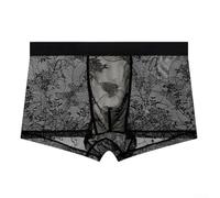 Herren Boxershorts aus Eis-Seide Netz Spitze Atmungsaktiv Durchsichtig Mit U-Konvex Beutel Elastische Unterwäsche Trunks für Sport und Schlaf Schwarz L(2XL Black)