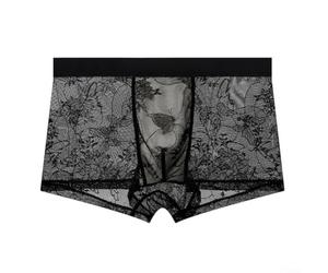 Herren Boxershorts aus Eis-Seide Netz Spitze Atmungsaktiv Durchsichtig Mit U-Konvex Beutel Elastische Unterwäsche Trunks für Sport und Schlaf Schwarz L(2XL Black)