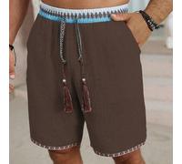 Herren braune gestreifte Boho Shorts, klassische Baumwolle Leinen-Imitation strukturierte Strand-Urlaubs-Shorts, Sommer Kordelzug Quaste elastischer B