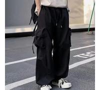 Herren-Cargohose aus Fallschirm, lockere Übergröße, einfarbig, Hip-Hop, Y2K, Streetwear-Hose für Sommer, Urlaub, Alltag, Freizeitkleidung, Blau, Khaki, Schwarz (L Schwarz)