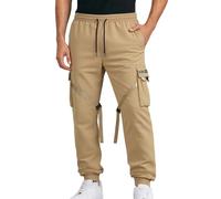 Herren Cargohose Hose Chino Cargo Hosen Jogginghose Baumwolle Casual Stretch Jogger Freizeit Hosen Männer Sport Jogginghosen für Sweatpants mit Elastischem Bund Kordelzug Taschen (Khaki, L)