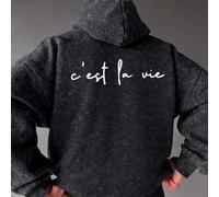 Herren C'est La Vie Slogan Hoodie, minimalistischer lockerer Schnitt gewaschener Pullover Sweatshirt