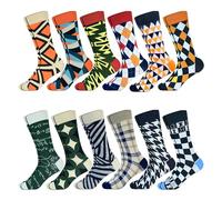 Herren Crew-Socken 12er Pack, Bunte Gemusterte Socken mit Karo, Argyle & Geometrischen Mustern, Baumwolle, Atmungsaktiv, Für Business, Freizeit & Party, Geschenkset für Männer (12 Pairs 051211)
