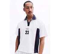 Herren Crop Box Fit Farbblock Poloshirt mit kontrastierenden marineblau Einsätzen und Nummer 23 Aufdruck