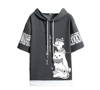 Herren Damen Kawaii Anime Katze T-Shirt Japanisches T-Shirt Cartoon Ästhetisch Niedlich Manga Preppy Kurzarm Hoodie Top Koreanisch, Grau dunkel, X-Large