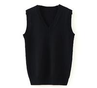 Herren Damen Strickweste Baumwolle V-Ausschnitt Weste JK Uniform Pullover Ärmellos Pullover Schule Strickjacke - Schwarz - X-Groß